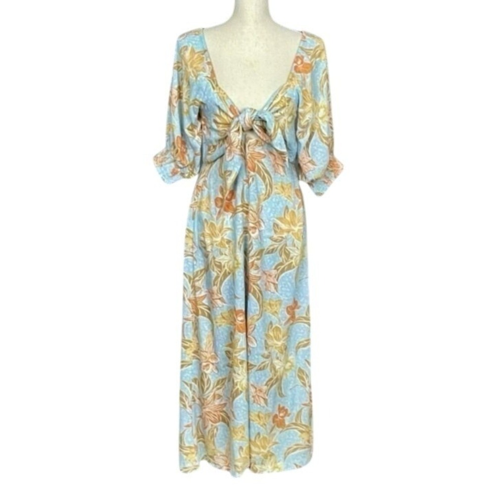 Roxy Pastel Floral Tie Front Puff Sleeve Midi Dress Size XS Beachy Sustainable